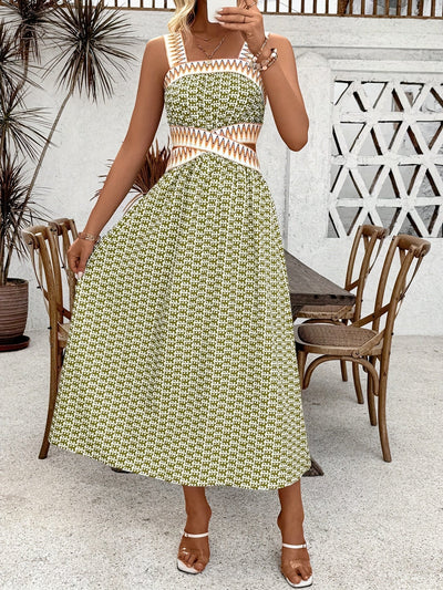 Kleid in A-Linie mit geometrischem Muster Grün, quadratischer Ausschnitt