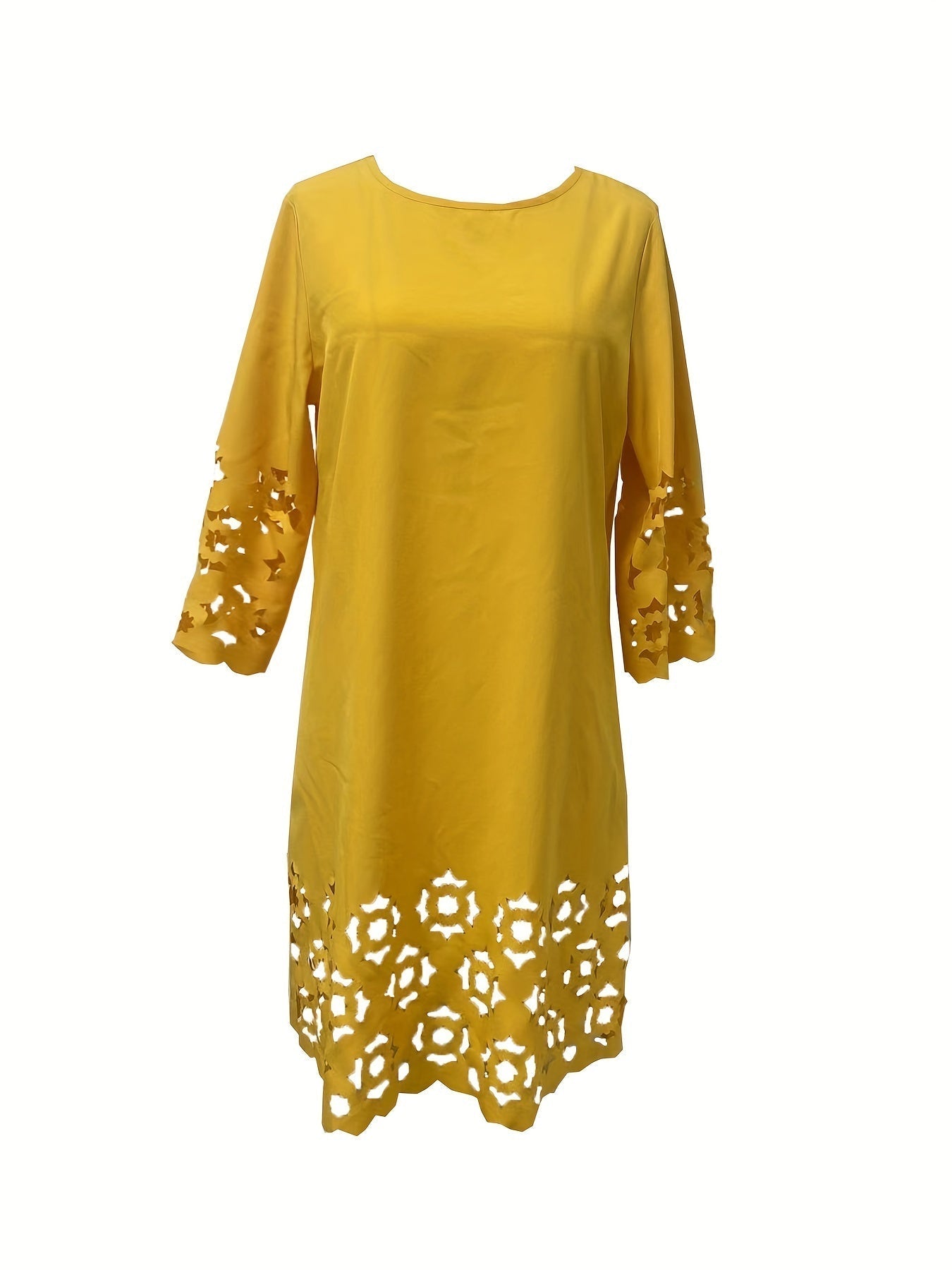 Gelbes Damenkleid – Schlichtes, Luftiges Sommerkleid mit Ajourmuster im A-Linien-Schnitt