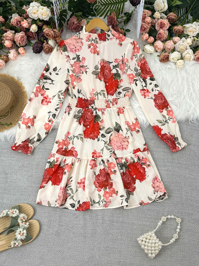 Elegantes, leichtes Kleid mit Blumenmuster - einfarbig