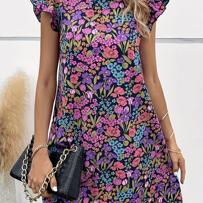 Bohème geblümtes Minikleid mit Volants in unifarbenem Sommer-Lila