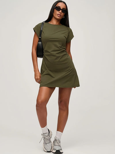 A-Linie Sommerkleid mit Falten und kurzen Ärmeln Farbe Khaki Modischer Schnitt