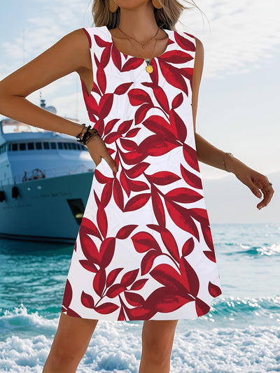 Elegantes rotes ärmelloses Sommerkleid mit Blumenmuster