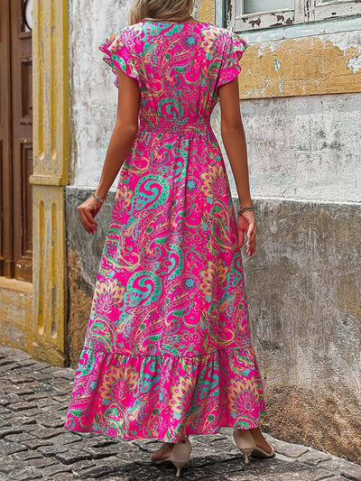 Rosa Midikleid für Damen mit V-Ausschnitt und Paisleymuster