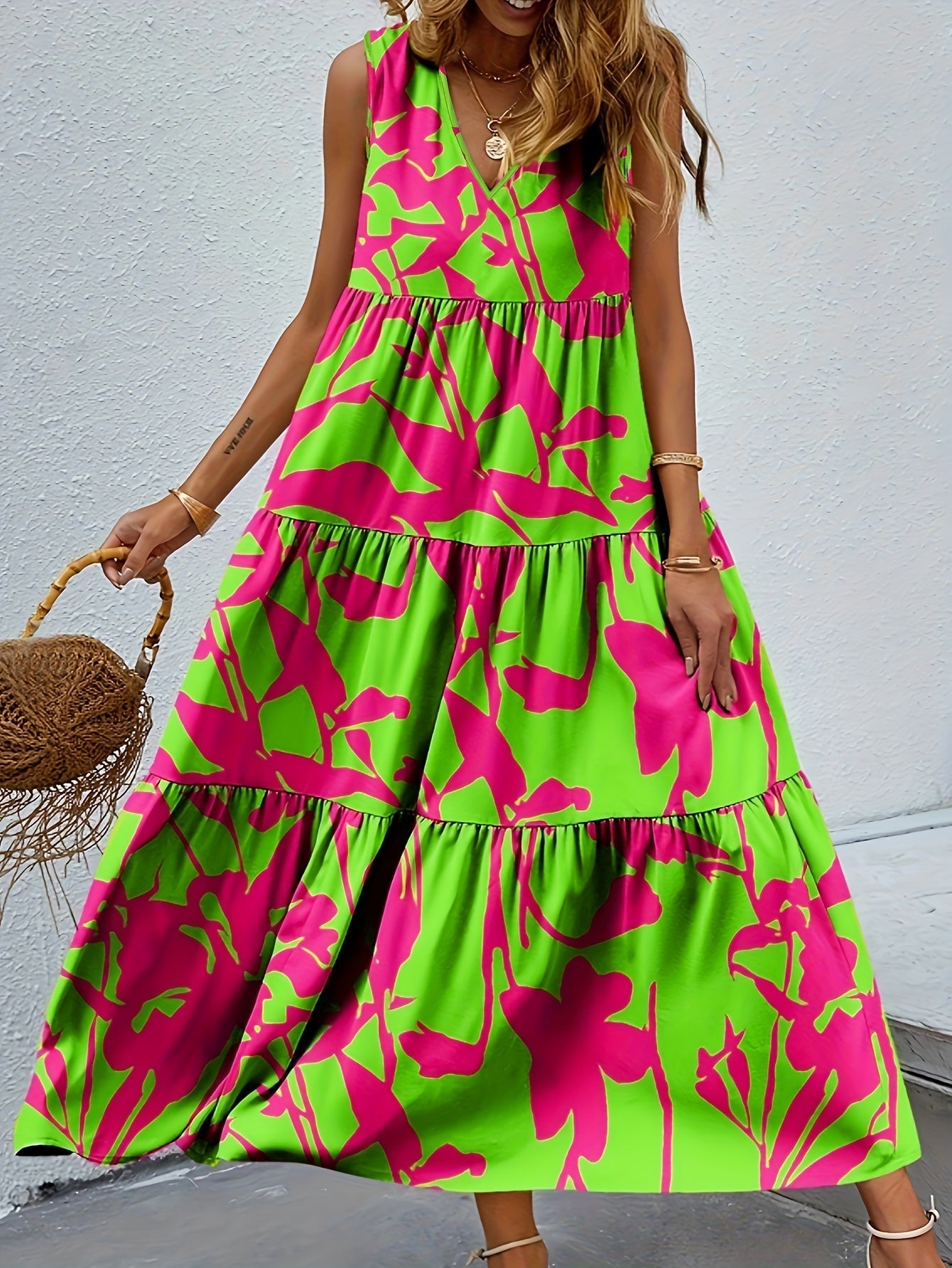 Elegantes Blumenkleid V-Ausschnitt – Ärmellos Locker & Luftig