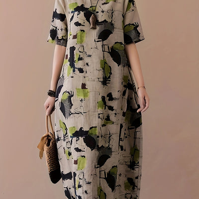 Elegantes Leinen-Midikleid mit ausdrucksstarkem abstraktem Muster