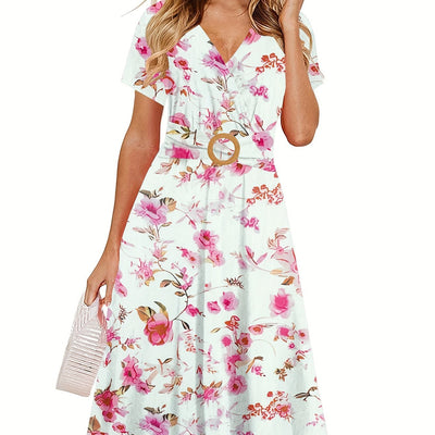 Elegantes Midikleid mit tropischem Blätterprint – V-Ausschnitt, kurze Ärmel