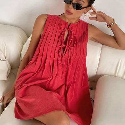 Rot-weißes ärmelloses Sommer-Minikleid mit Bindebändern vorne von A-Line