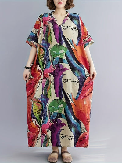 Luftiges Boho-Kaftan-Kleid – Plus Size, V-Ausschnitt, Taschen & Perfekt für Sommer & Urlaub
