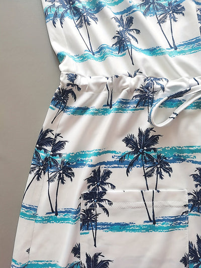 Damen Sommerkleid mit Trägern, tropischem Palmen- und Streifenmuster + Gürtel
