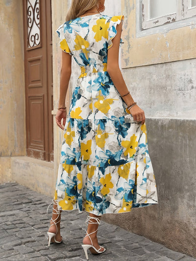 Langes Trapezkleid mit floralem Muster und frechem Ausschnitt