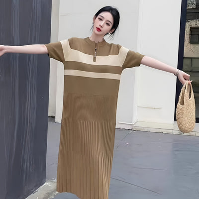Lässiges gestreiftes Damen-Strickkleid mit Reißverschluss