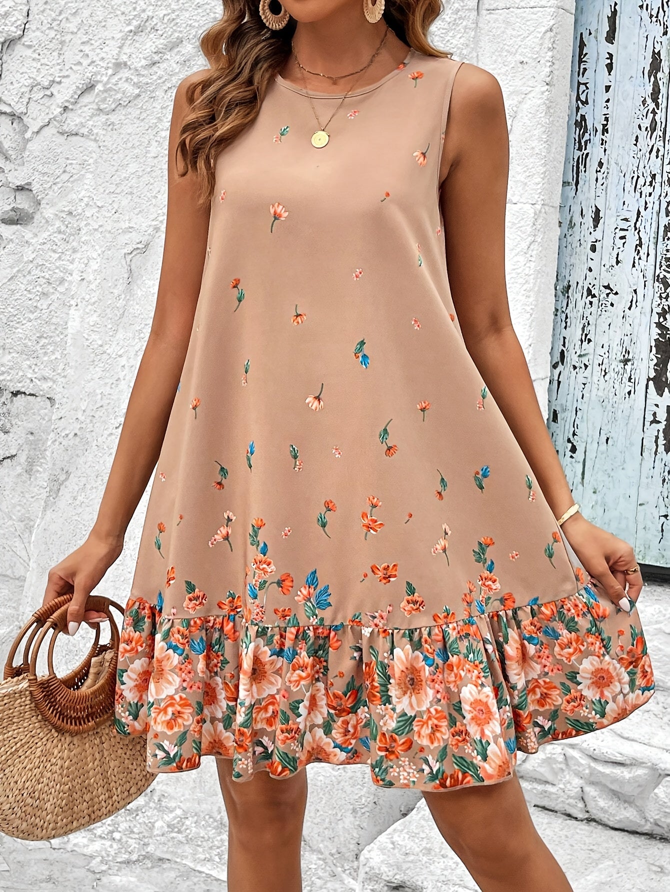 Ärmelloses Kleid mit rundem Ausschnitt und Blumenmuster