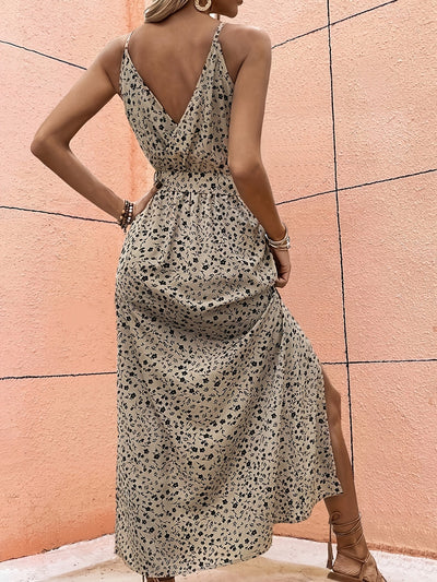 Khakifarbenes Midikleid mit Blumenmuster und Schlitz
