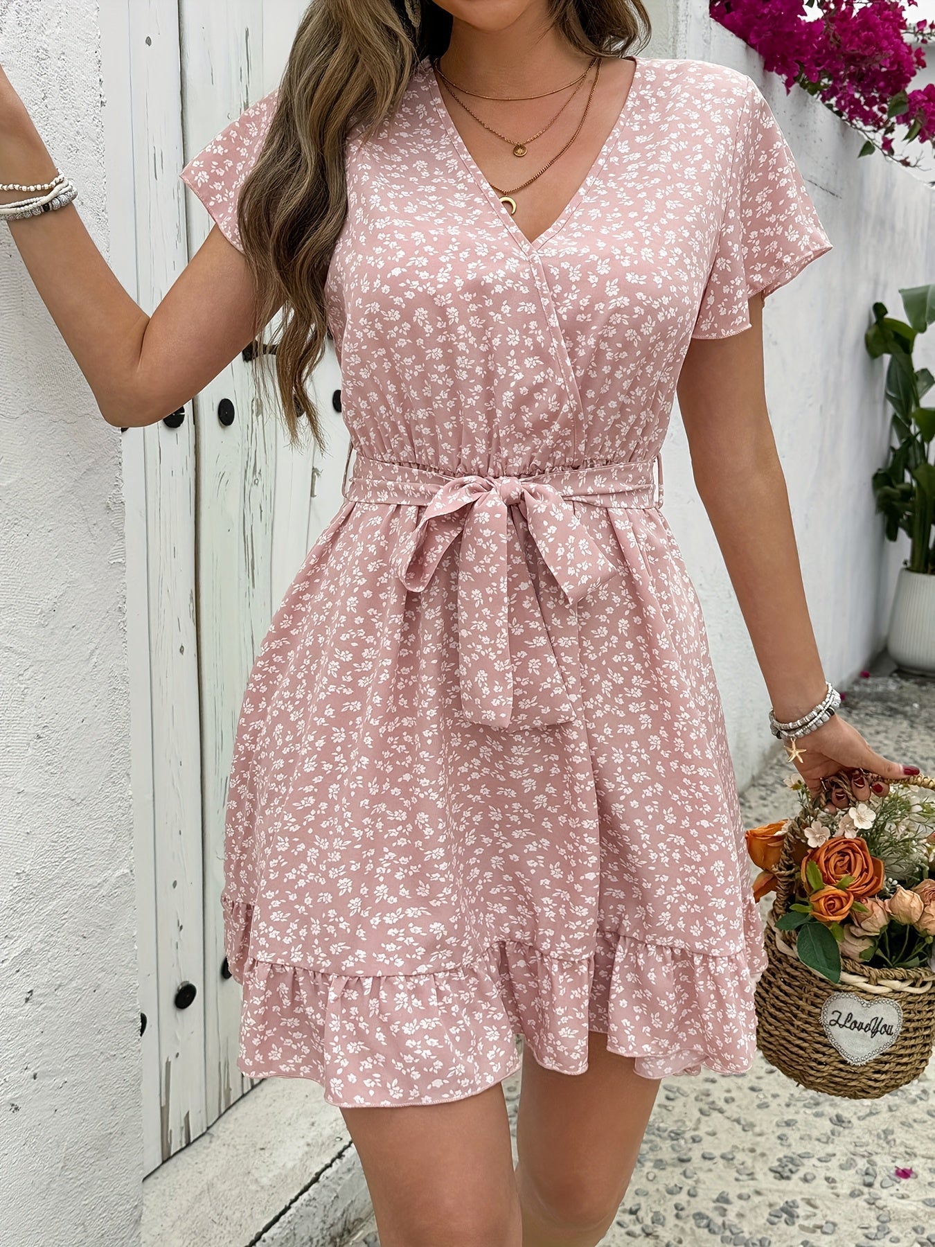 Sommerliches Minikleid mit rosa Blumenmuster und grünem Ausschnitt