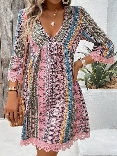 Elegantes V-Ausschnitt Kleid mit Spitze Leichtes Sommerkleid mit buntem Streifen