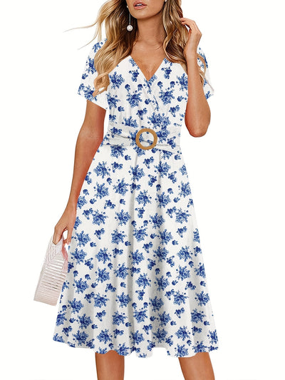 Elegantes Midikleid mit tropischem Blätterprint – V-Ausschnitt, kurze Ärmel