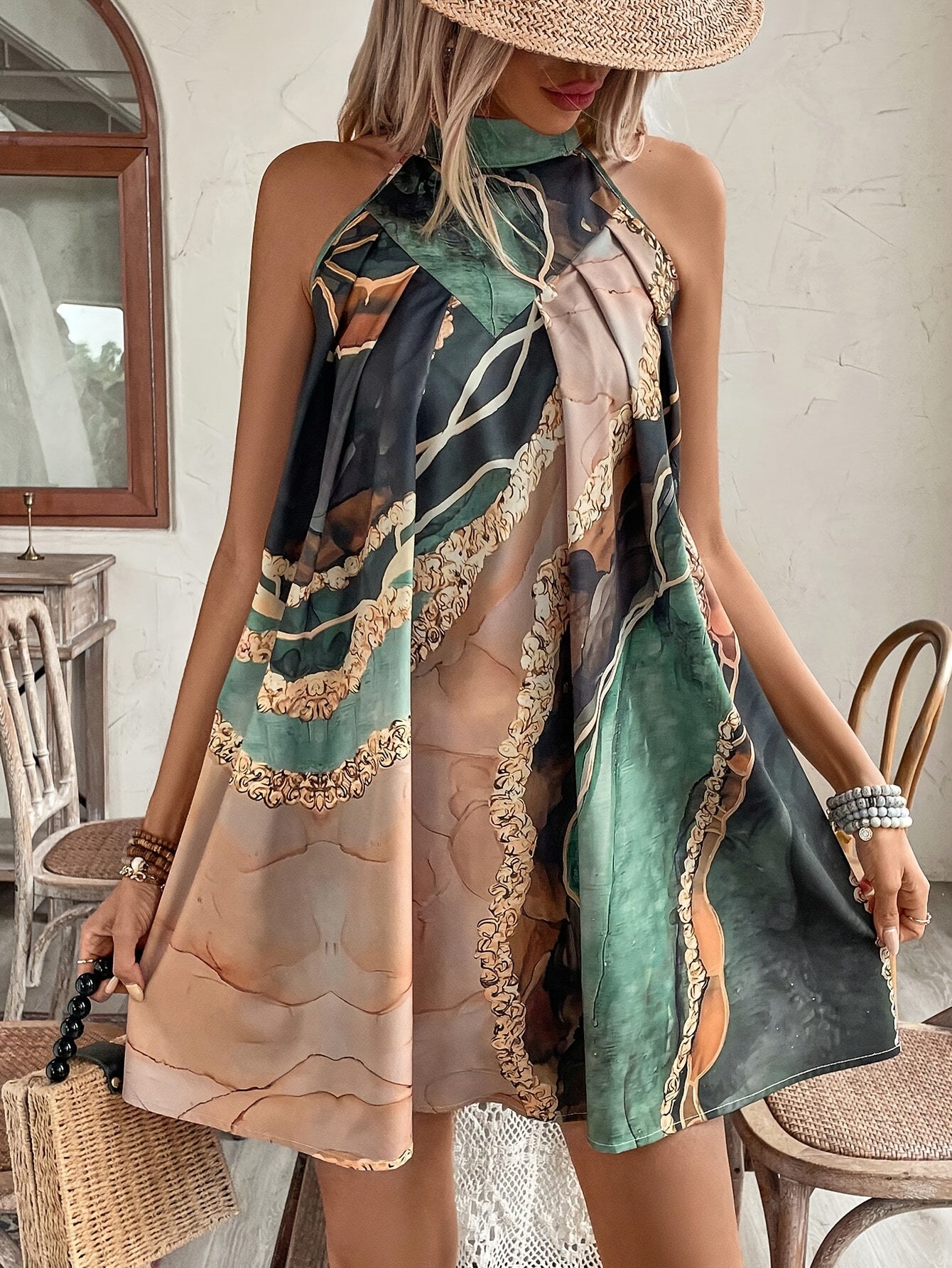 Halterneck Midi Kleid mit Print, Asymmetrischem Saum & Taillenband