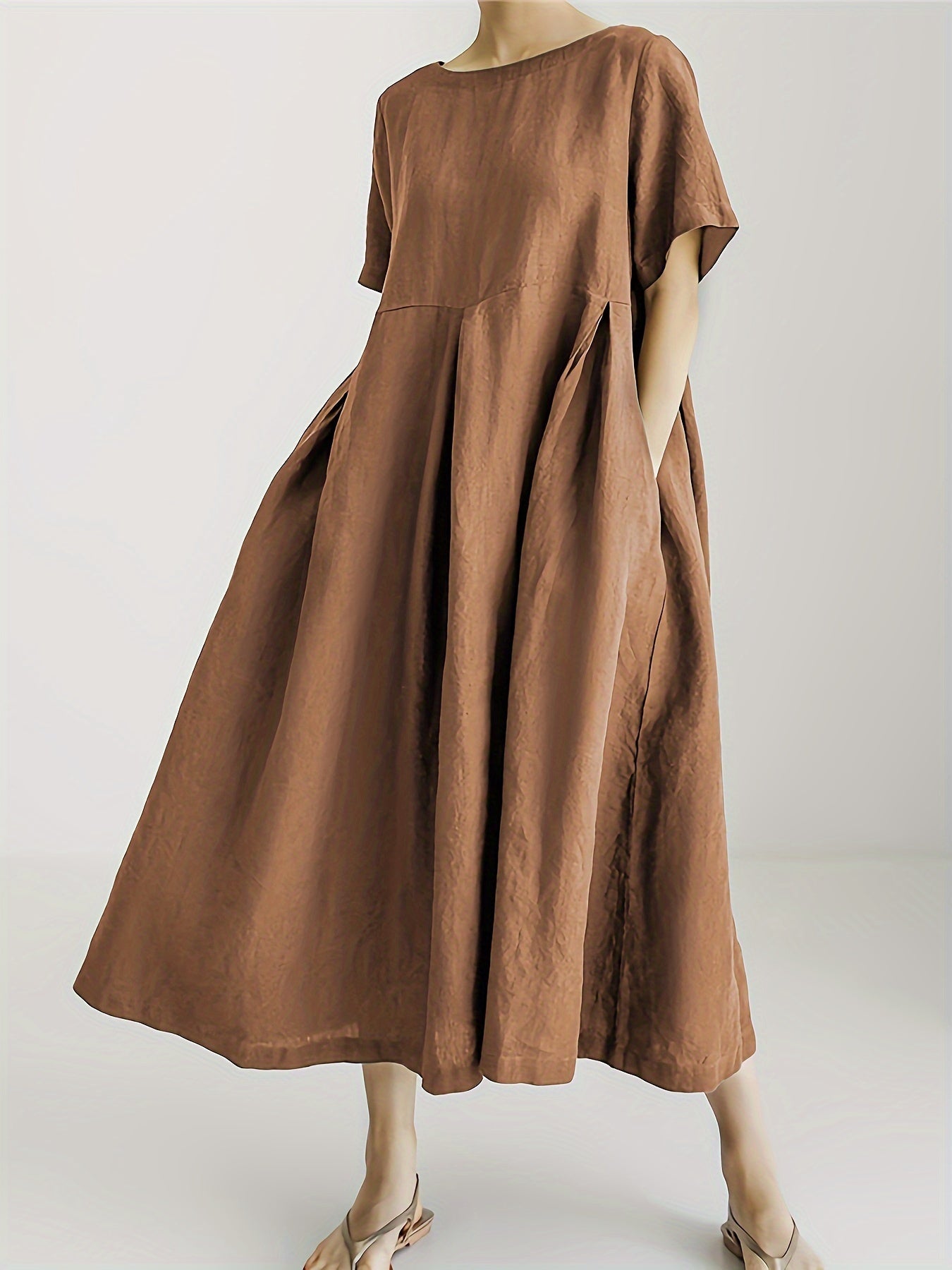 Leinen-Mix Midi-Kleid mit Taschen – Kurzarm Hochtailliert Sommermode