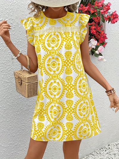 Sommerkleid für Frauen in Gelb und Weiß mit Mandala-Motiv, ausgestellt mit Volants