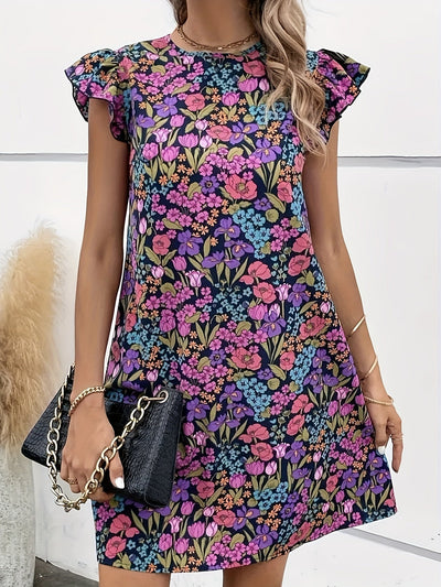 Bohème geblümtes Minikleid mit Volants in unifarbenem Sommer-Lila