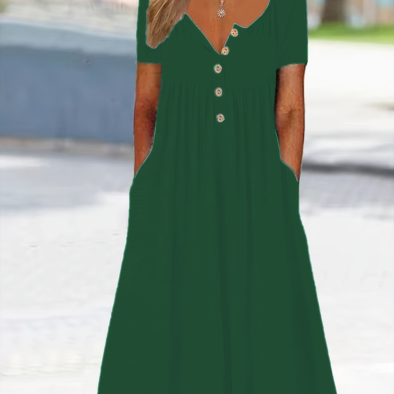 Damen Plus Size Grünes Midi-Kleid mit Taschen