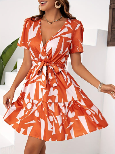 Bedrucktes Kleid mit frechem Ausschnitt - A-Linie, Volant und Taillenband