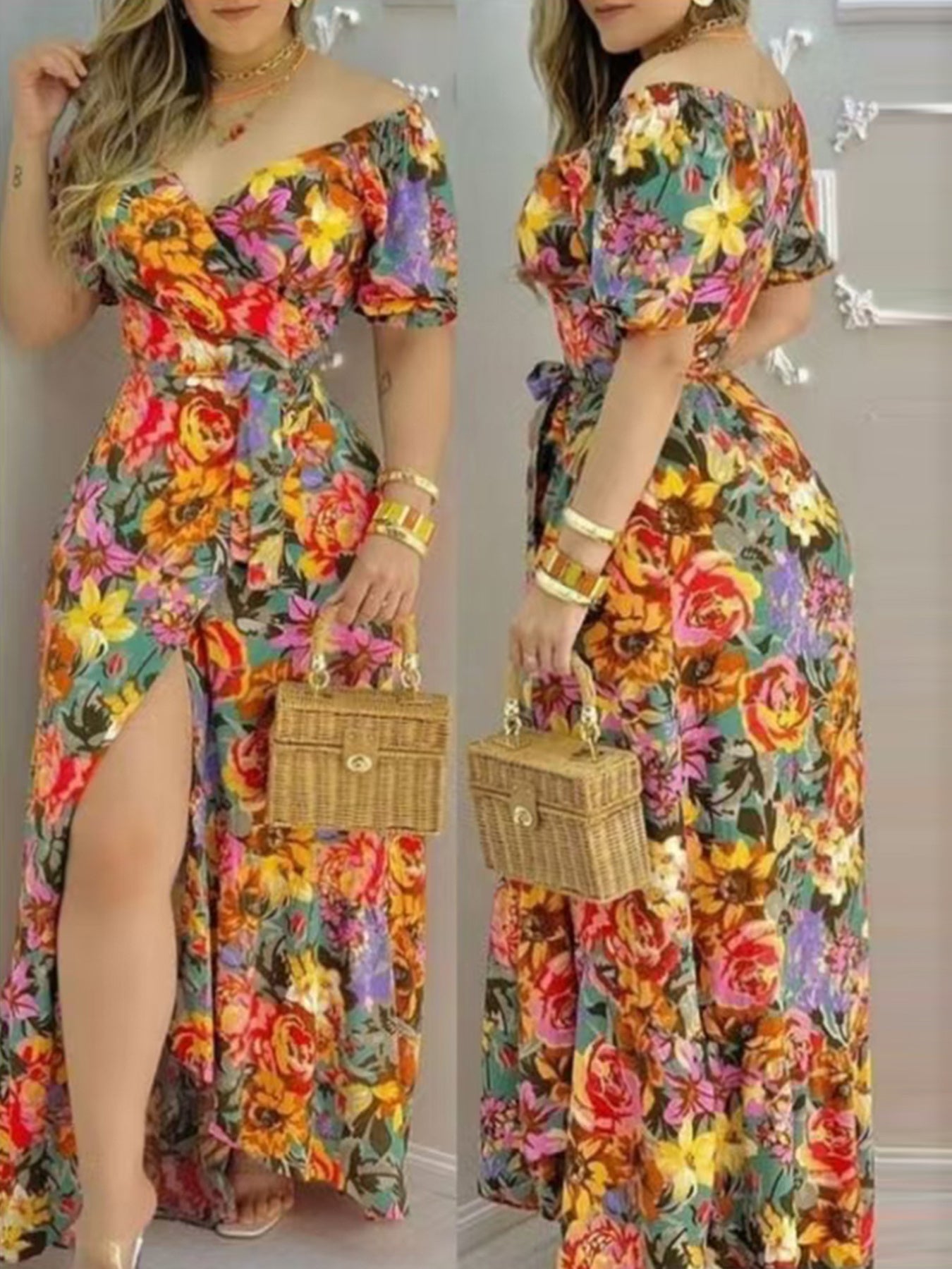 Langes geblümtes Maxikleid mit Rüschen - mehrfarbig