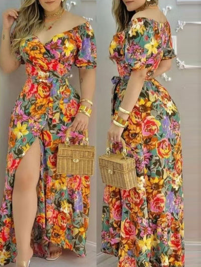 Langes geblümtes Maxikleid mit Rüschen - mehrfarbig