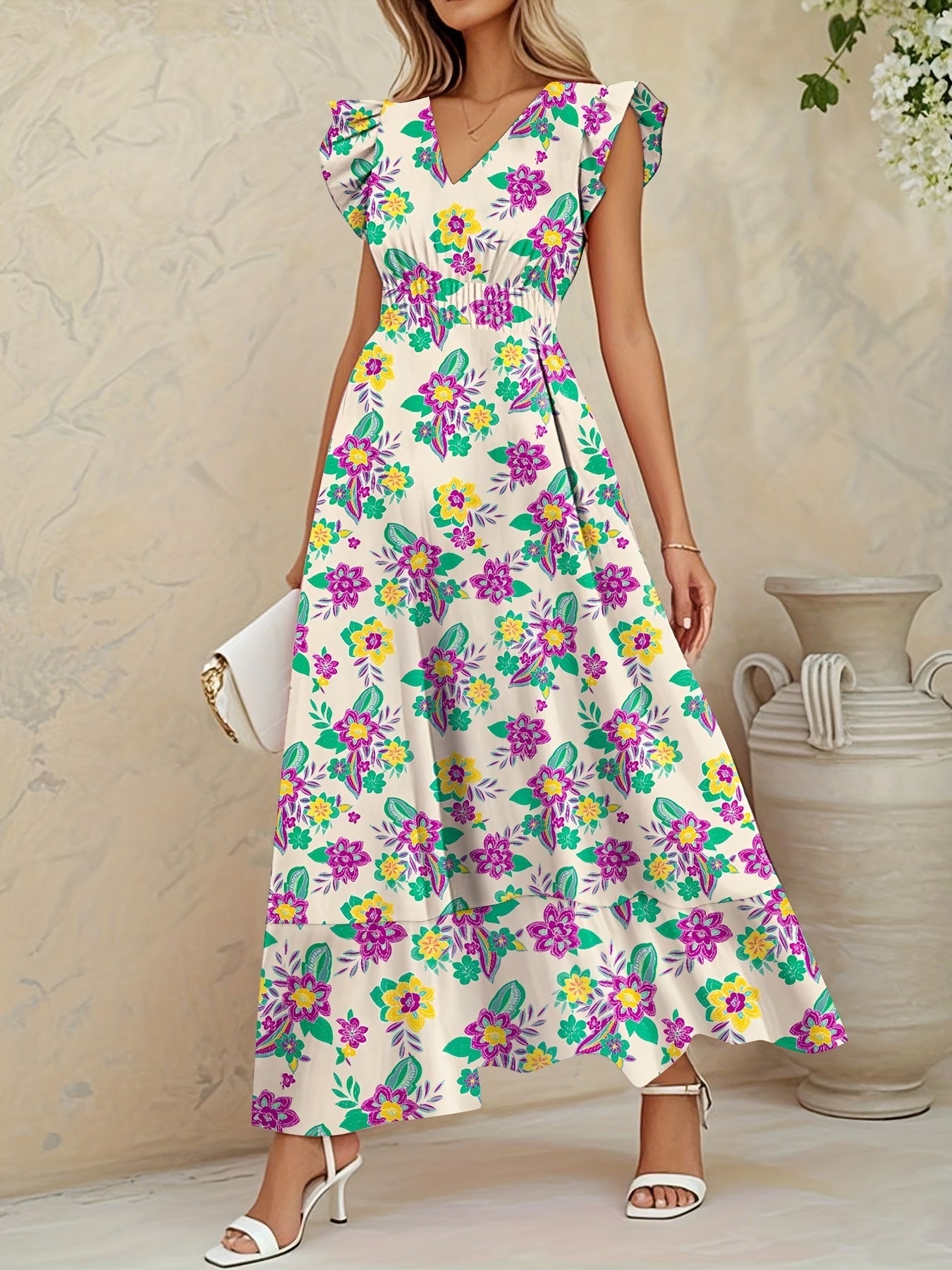 Elegantes langes geblümtes Kleid - V-Ausschnitt, Blumenärmel