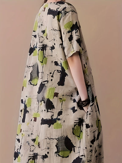 Elegantes Leinen-Midikleid mit ausdrucksstarkem abstraktem Muster