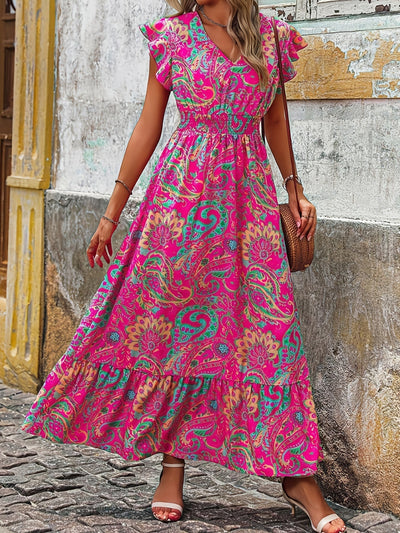Rosa Damen-Midikleid mit V-Ausschnitt und Paisleymotiv