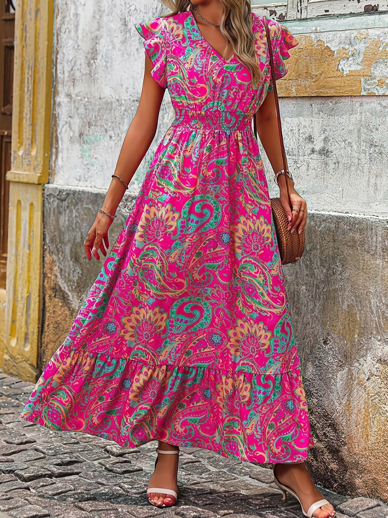 Rosa Midikleid für Damen mit V-Ausschnitt und Paisleymuster