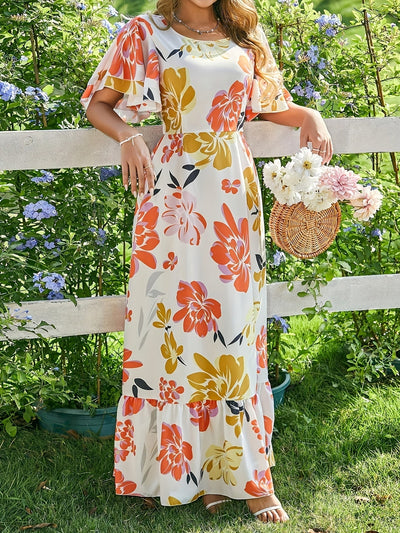 Langes Damen-Blumenkleid mit Rüschen - Multicolour