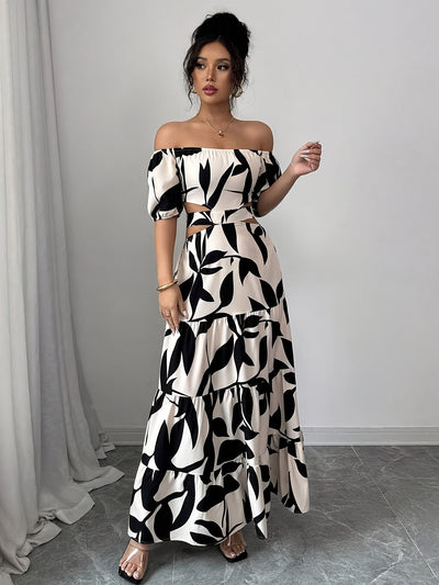 Maxikleid mit Blumendruck - Carmen-Ausschnitt, asymmetrisches Unterteil