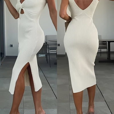 Beigefarbenes schulterfreies Midikleid mit Schlitz