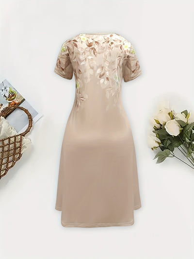 Sommerkleid mit floralem Muster - Khaki, kurze Ärmel, leicht und luftig