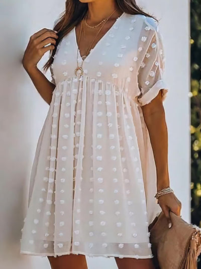 Damen-Sommerkleid aus weißem Erbsentüll mit leichtem V-Ausschnitt