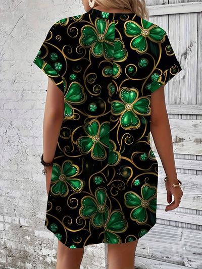 Schwarzes Damenkleid mit grünem Kleeblatt und goldenem Muster – Elastisch