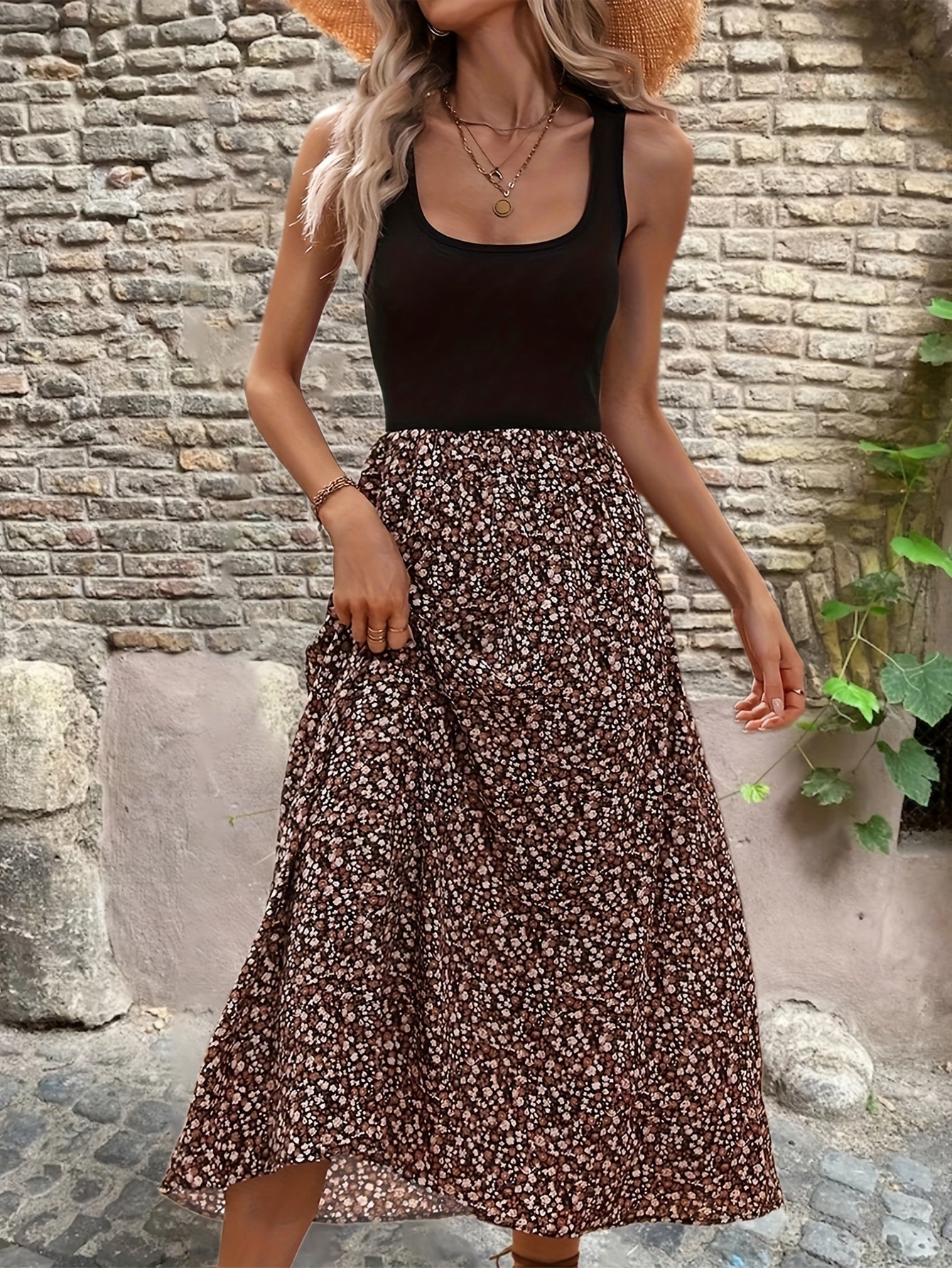 Geblümtes ärmelloses Sommer-Midikleid mit A-Linie in Schwarz und Kaffee