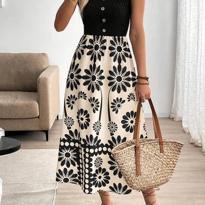 Feminines schwarzes Maxikleid mit ärmellosem floralem Muster Elegantes Kleid