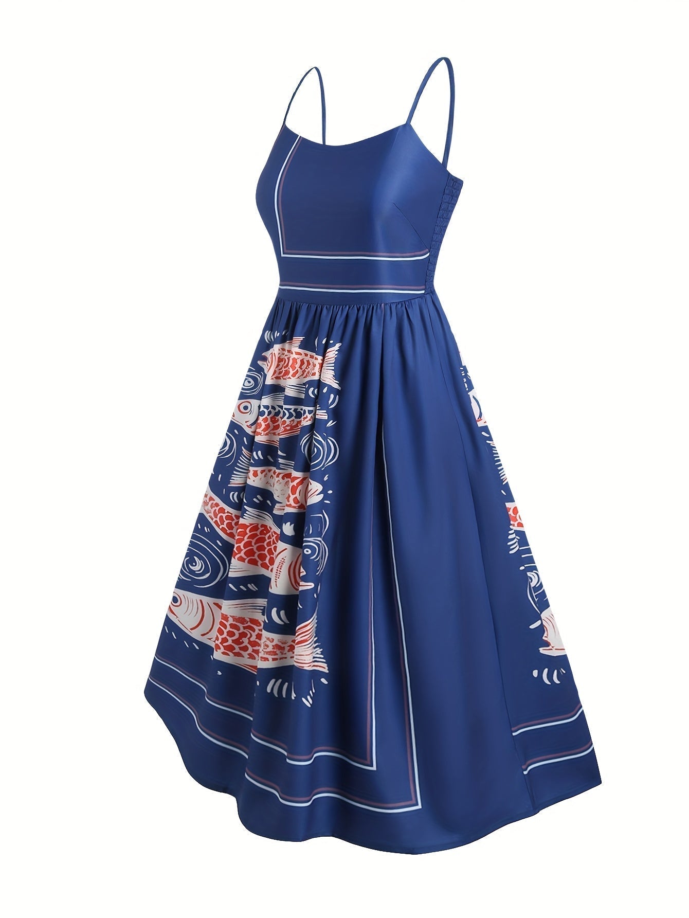 Ferienkleid mit Koi-Motiv Maxikleid ohne Ärmel marineblau