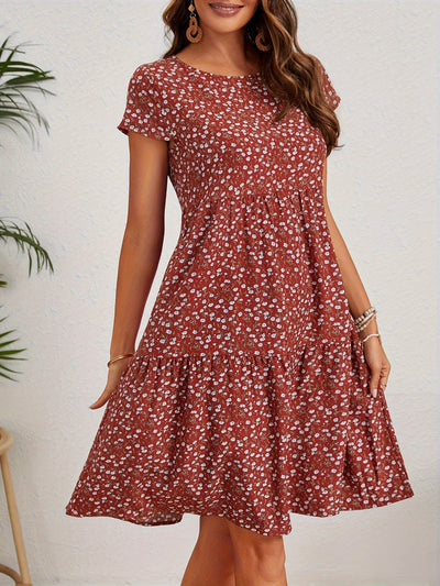 Leichtes Vintage-Kleid – Blumendruck, Kurzarm, Rundhalsausschnitt, feminines Sommerkleid