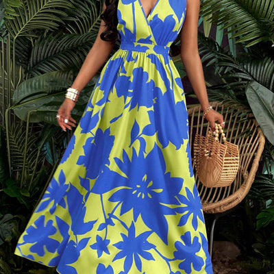 Elegantes Blaues Florales Maxikleid mit Ausschnitt für Frauen