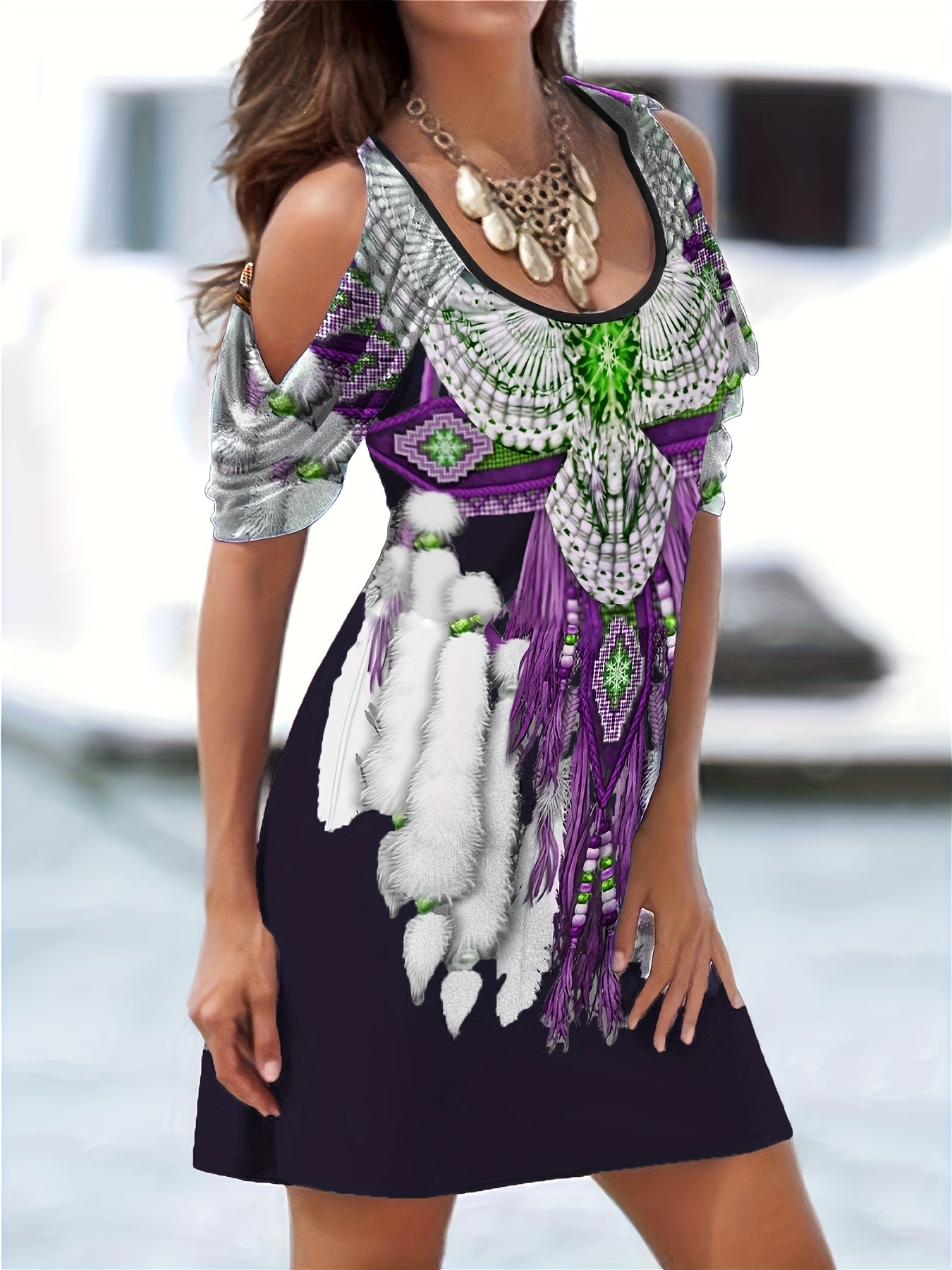 Damen Kleid mit ethnischem Adlerdruck im Western-Stil