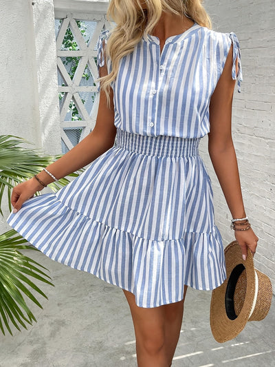 Gestreiftes Sommerkleid mit Bindebändern Blau/Weiß Casual