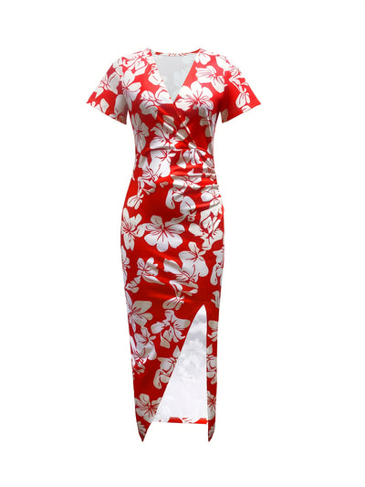 Rotes Bodycon-Kleid mit Blumenmotiv Mini-V-Ausschnitt Kurze Ärmel