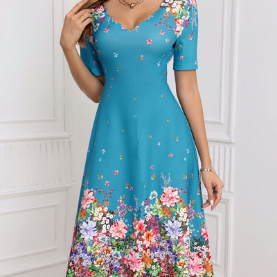 Marineblaues geblümtes Kleid mit S-Ausschnitt und Rüschensaum - Leichtes Midikleid