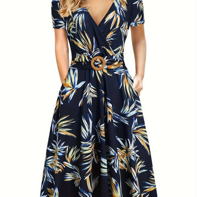 Elegantes Midikleid mit tropischem Blätterprint – V-Ausschnitt, kurze Ärmel