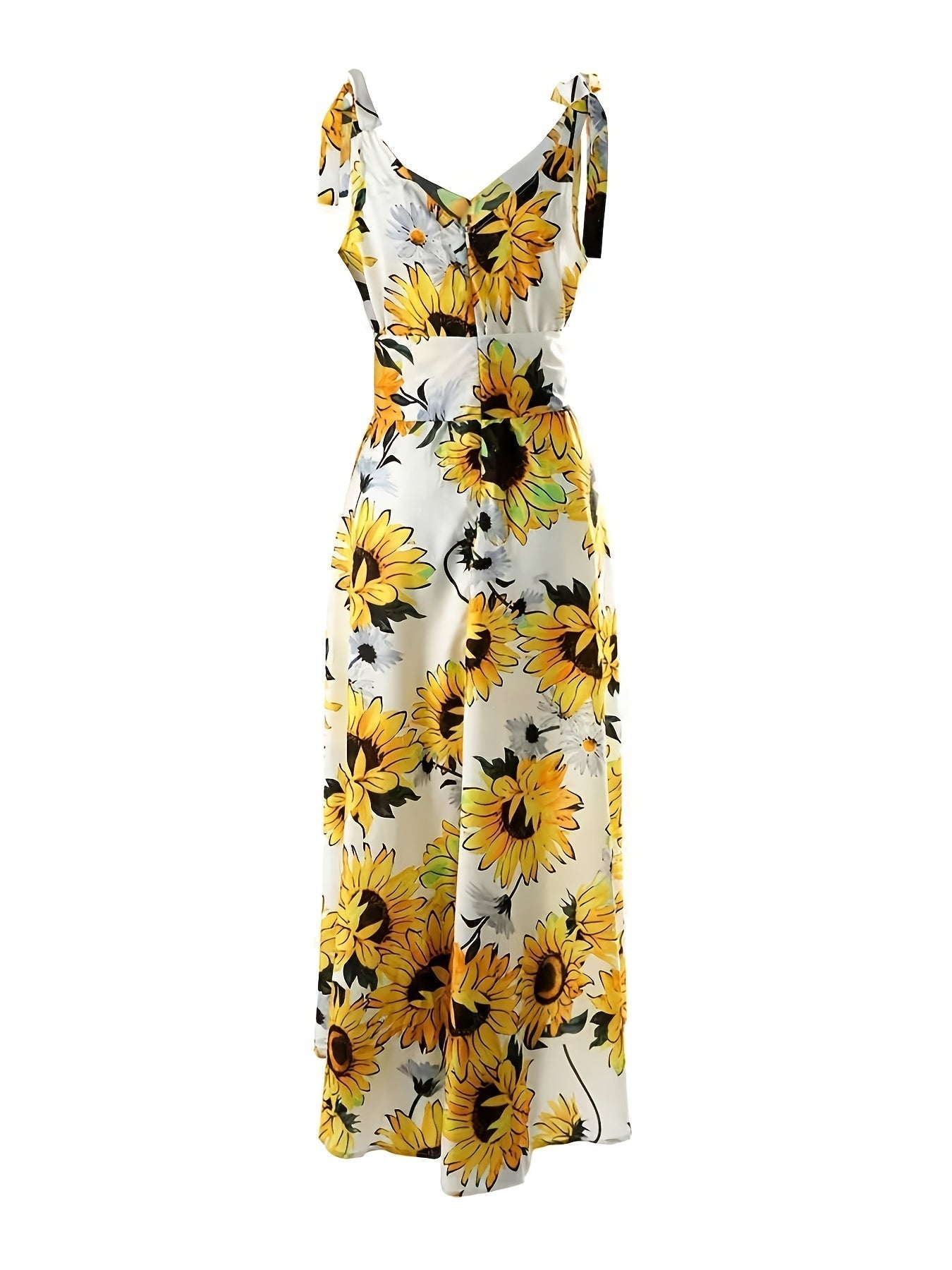 Ärmelloses Midi-Kleid mit Sonnenblumenmuster und Gürtel – Sommerkleid