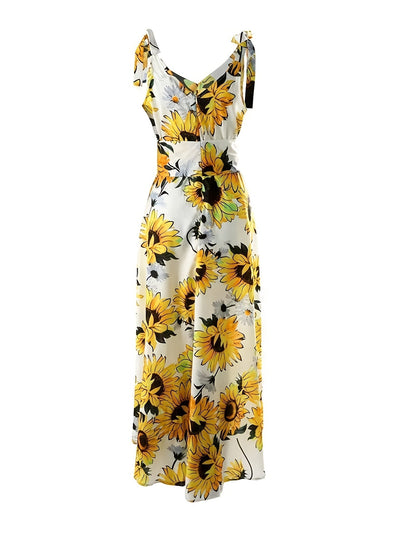 Ärmelloses Midi-Kleid mit Sonnenblumenmuster und Gürtel – Sommerkleid